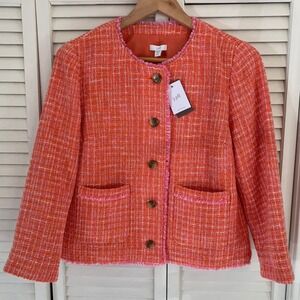 NWT‎ J Jill Dahlia Tweed Blazer Jacket Orange Pink Fringe Button Front S Petite